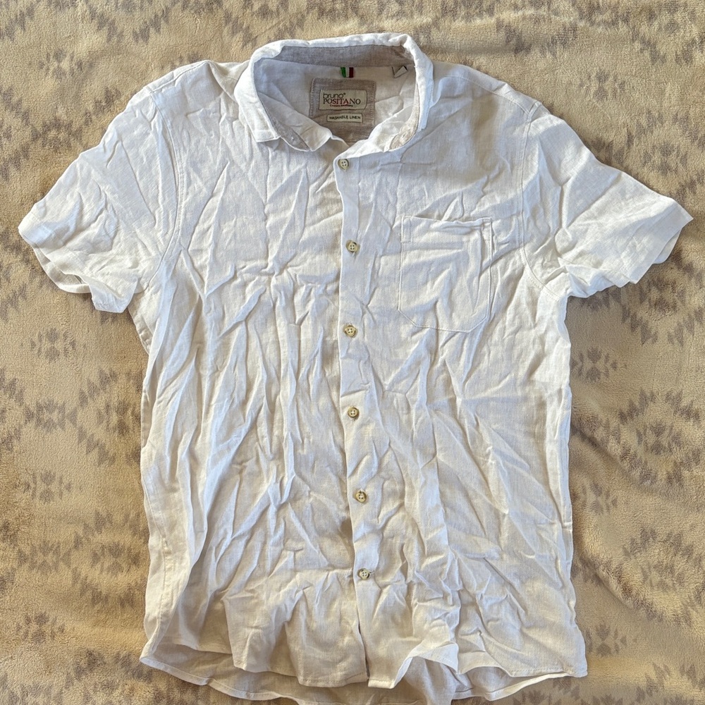 Bruno Positano | Men's Casual White Linen Button Down Shirt | Size S